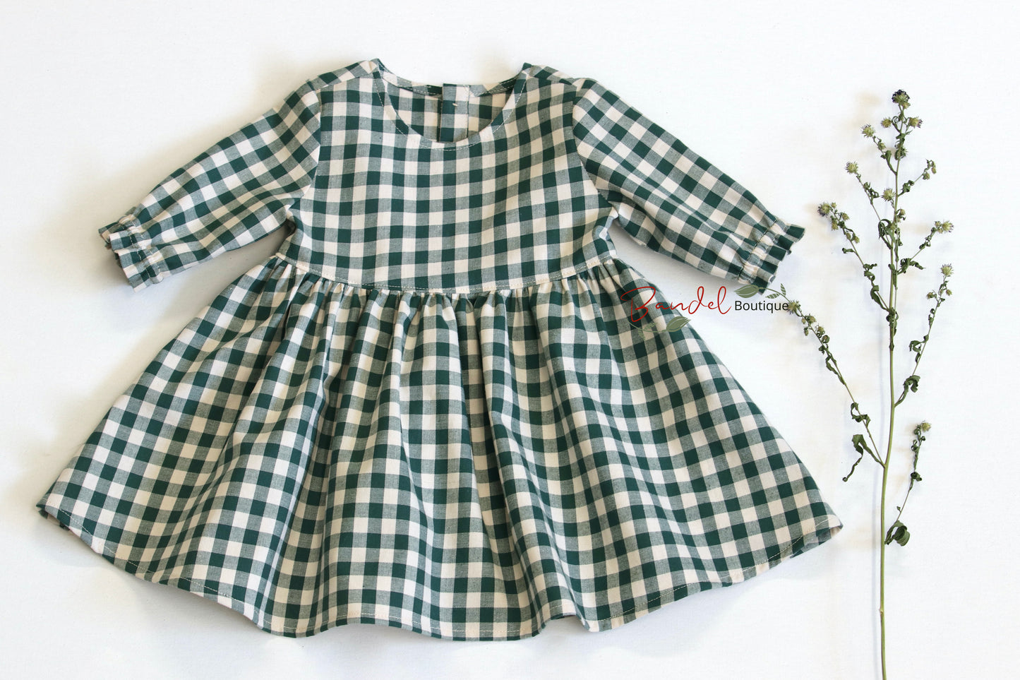 Long- sleeve green checked cotton baby girl bohemian dress