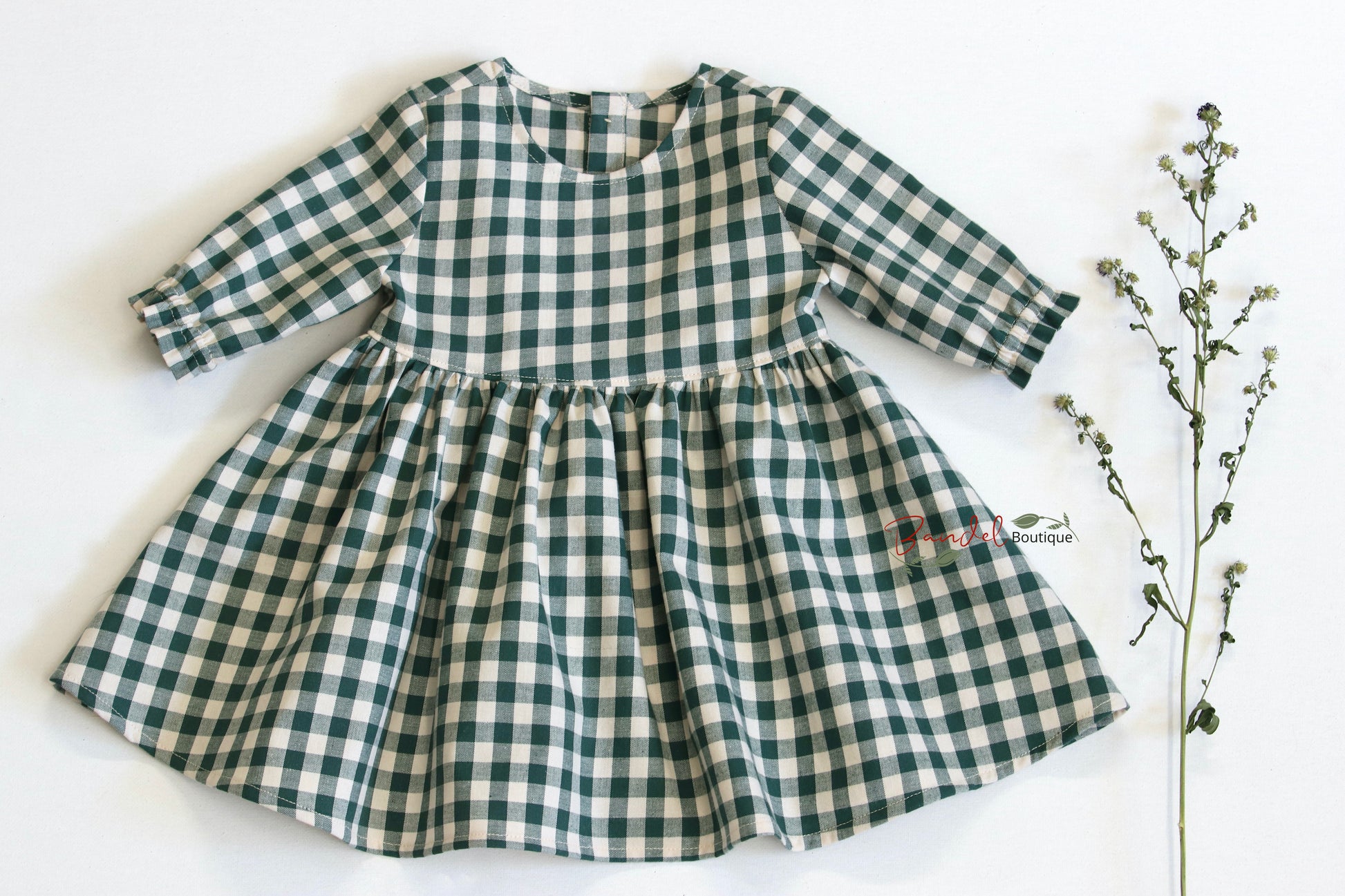 Bottle- green checked cotton girl dress