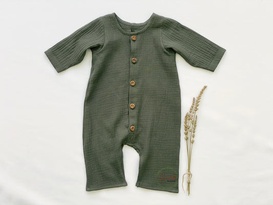 Olive- Green Long- Sleeve Organic Muslin Baby Romper 