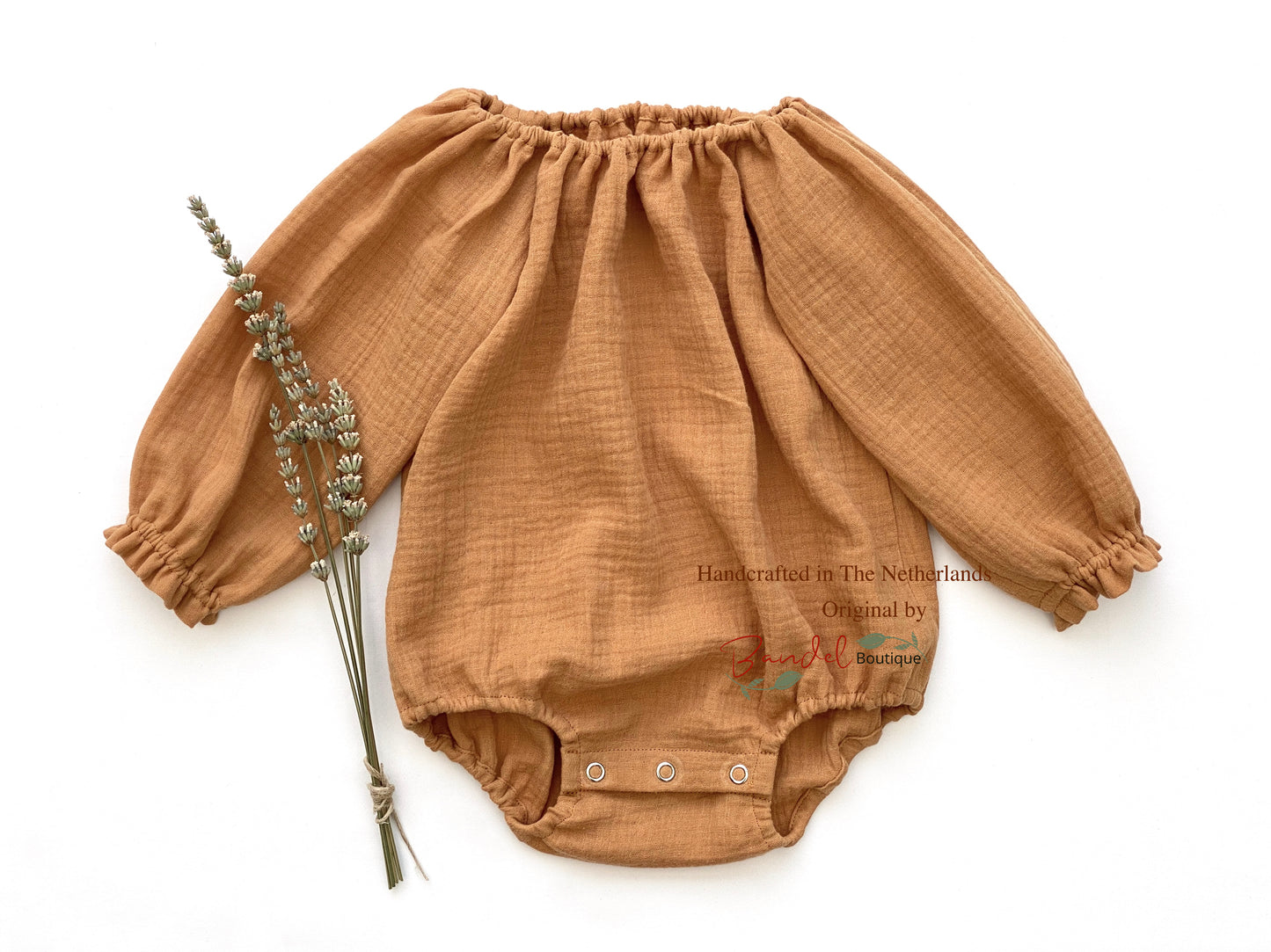 Long sleeves newborn caramel brown organic muslin baby romper