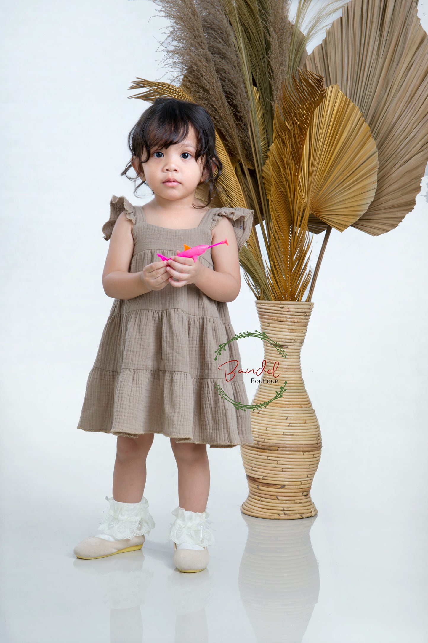 flutter sleeve dress taupe double gauze muslin kids wear