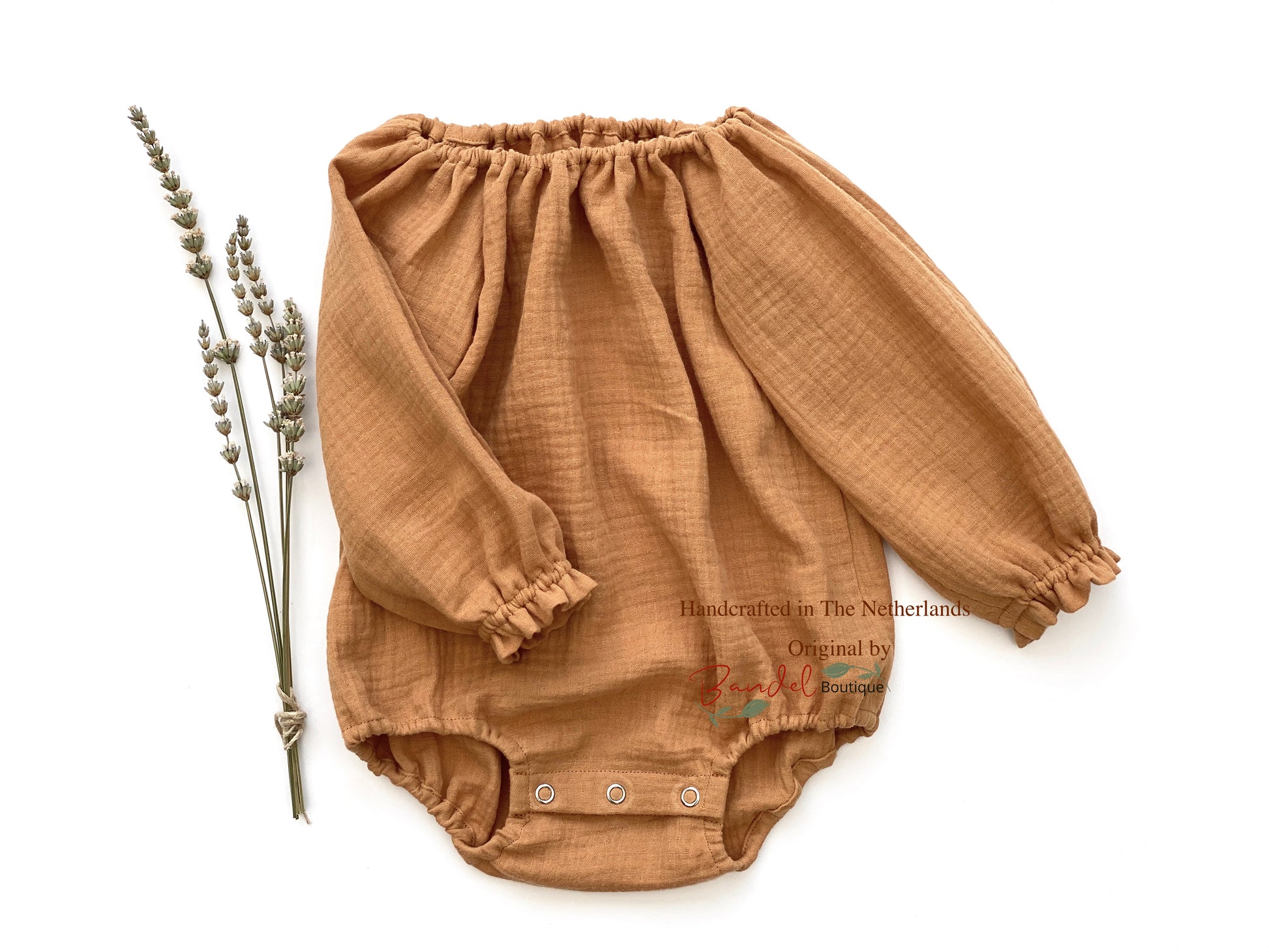 Long sleeves newborn caramel brown organic muslin baby romper