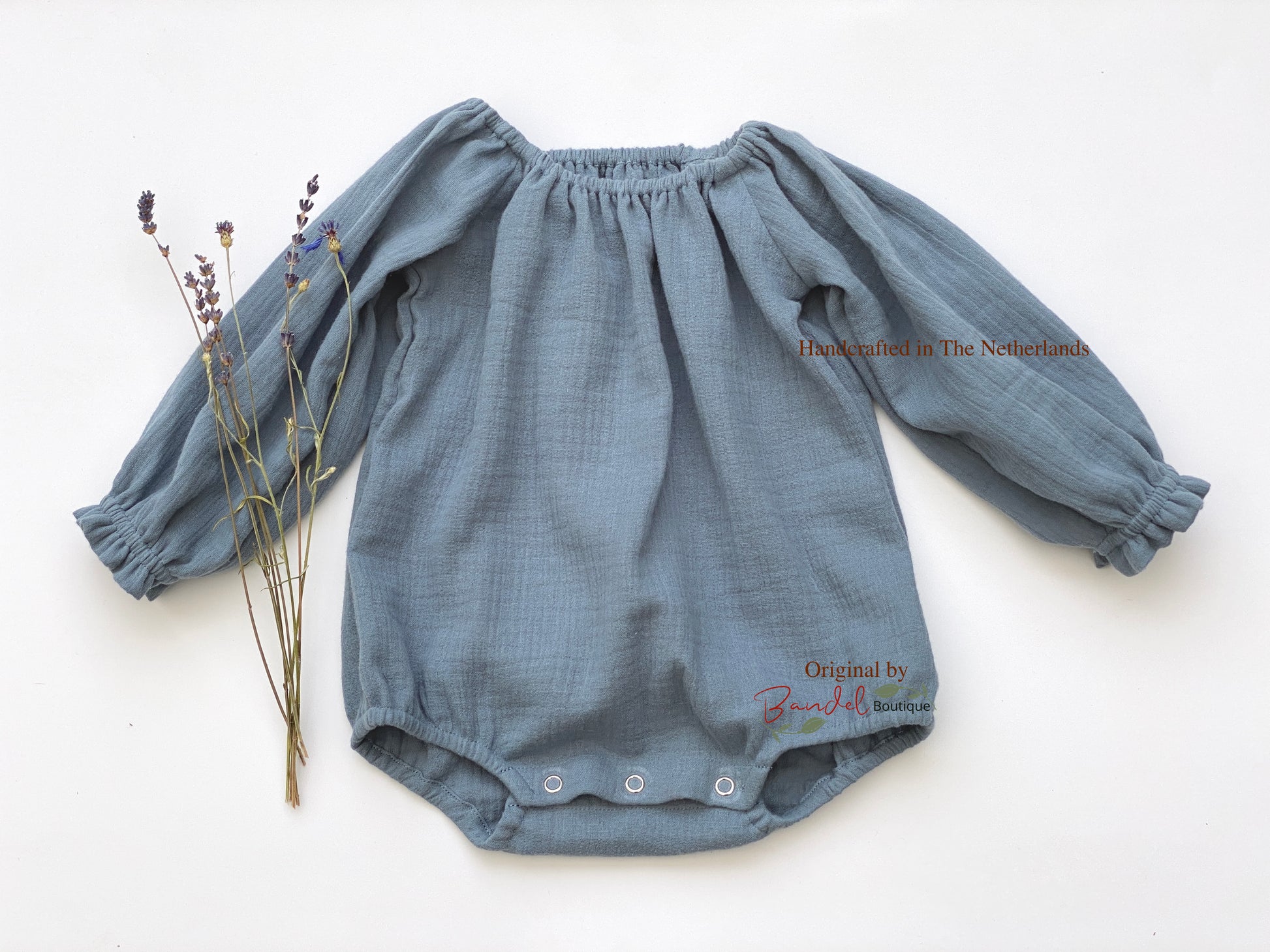 Dusty- blue muslin newborn romper, Long- sleeves baby gauze bodysuit, Toddler blue muslin overalls