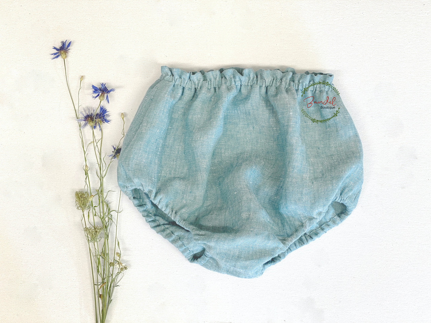 Dusty mint linen baby bloomers, newborn diaper cover, toddler shorts