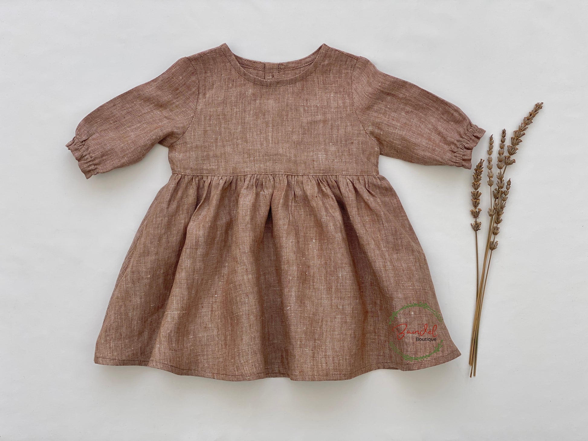 Long sleeves linen girl dress, brown toddler  girl dress.