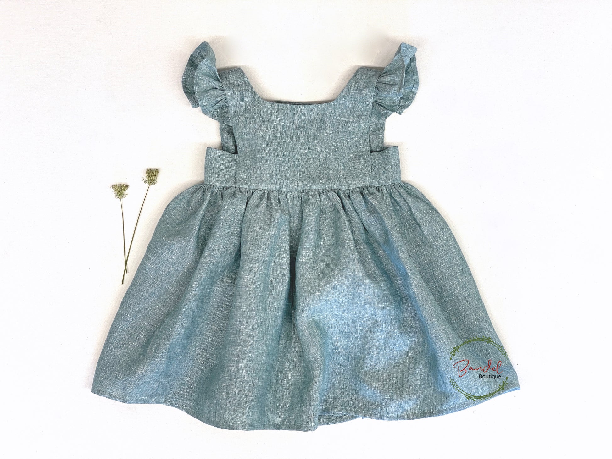 Dusty- Mint Pinafore Girl Linen Dress Flutter Sleeve Classic Style 