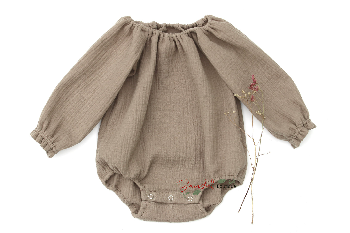 Soft organic muslin baby romper in beautiful taupe brown 