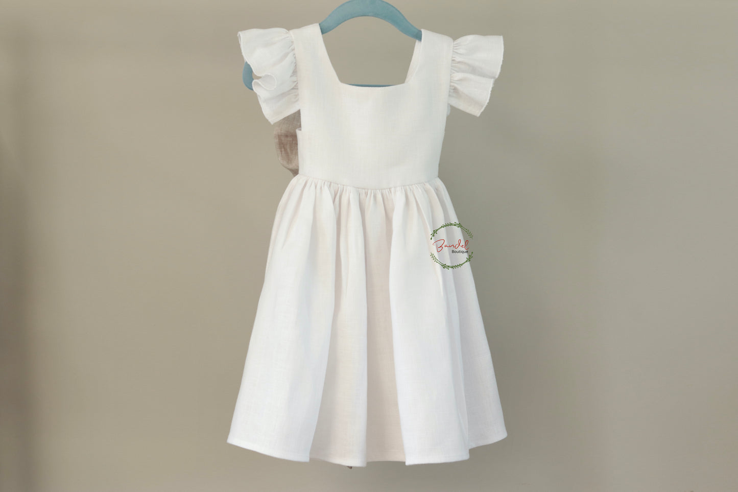 White Sash Bow Flutter Sleeves Dress