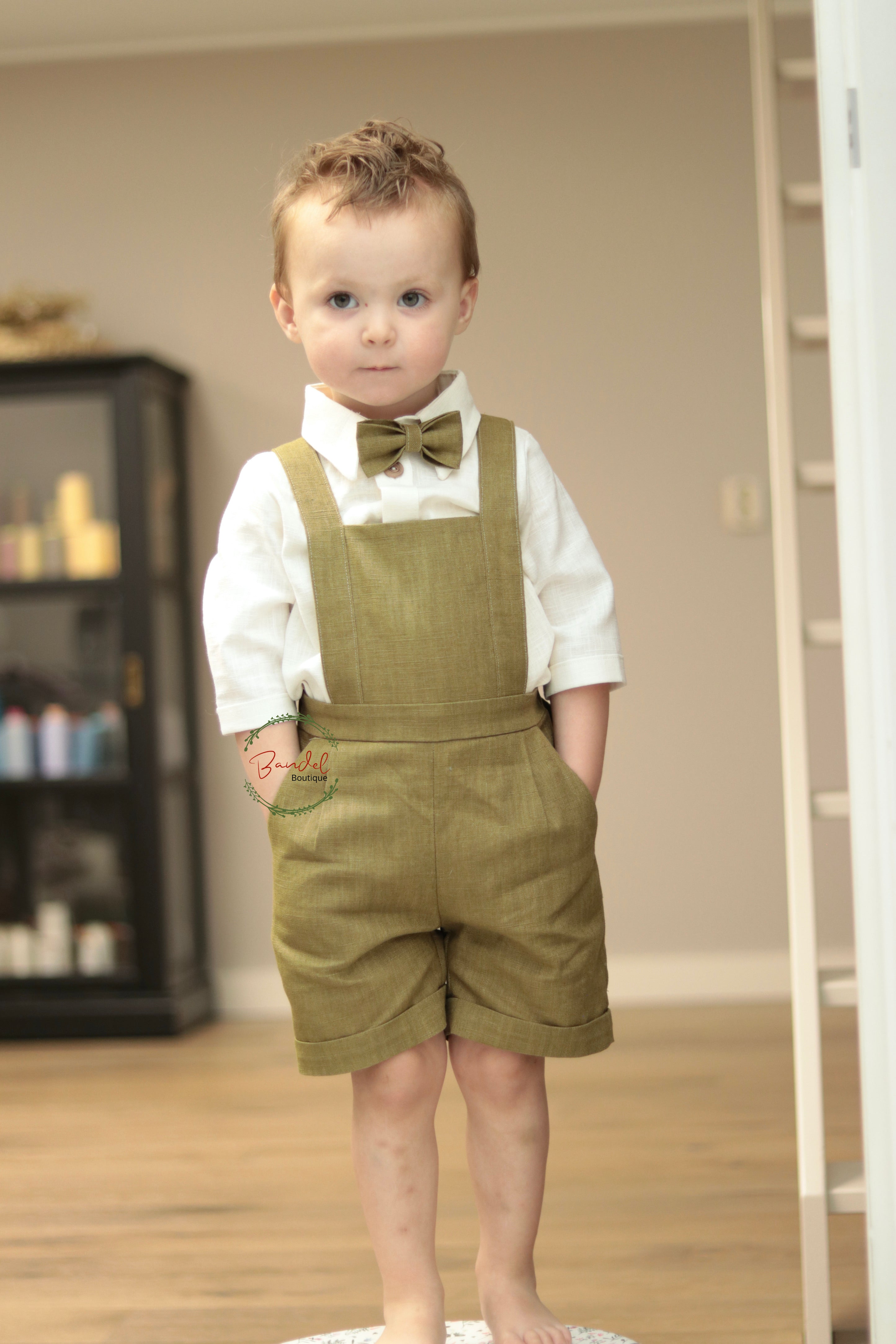 Moss- green pageboy outfit. Classic ring- bearer outfit. Romper, blouse and bow-tie linen boy outfit suit.