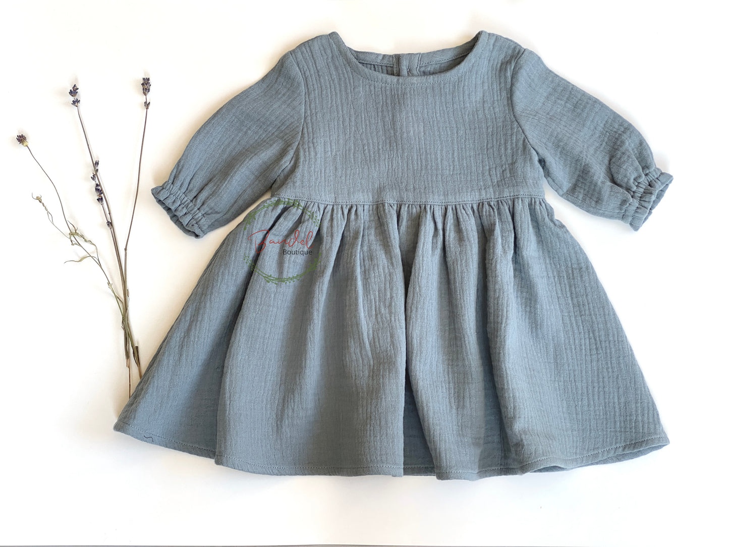 Dusty- blue newborn girl organic muslin girl dress.