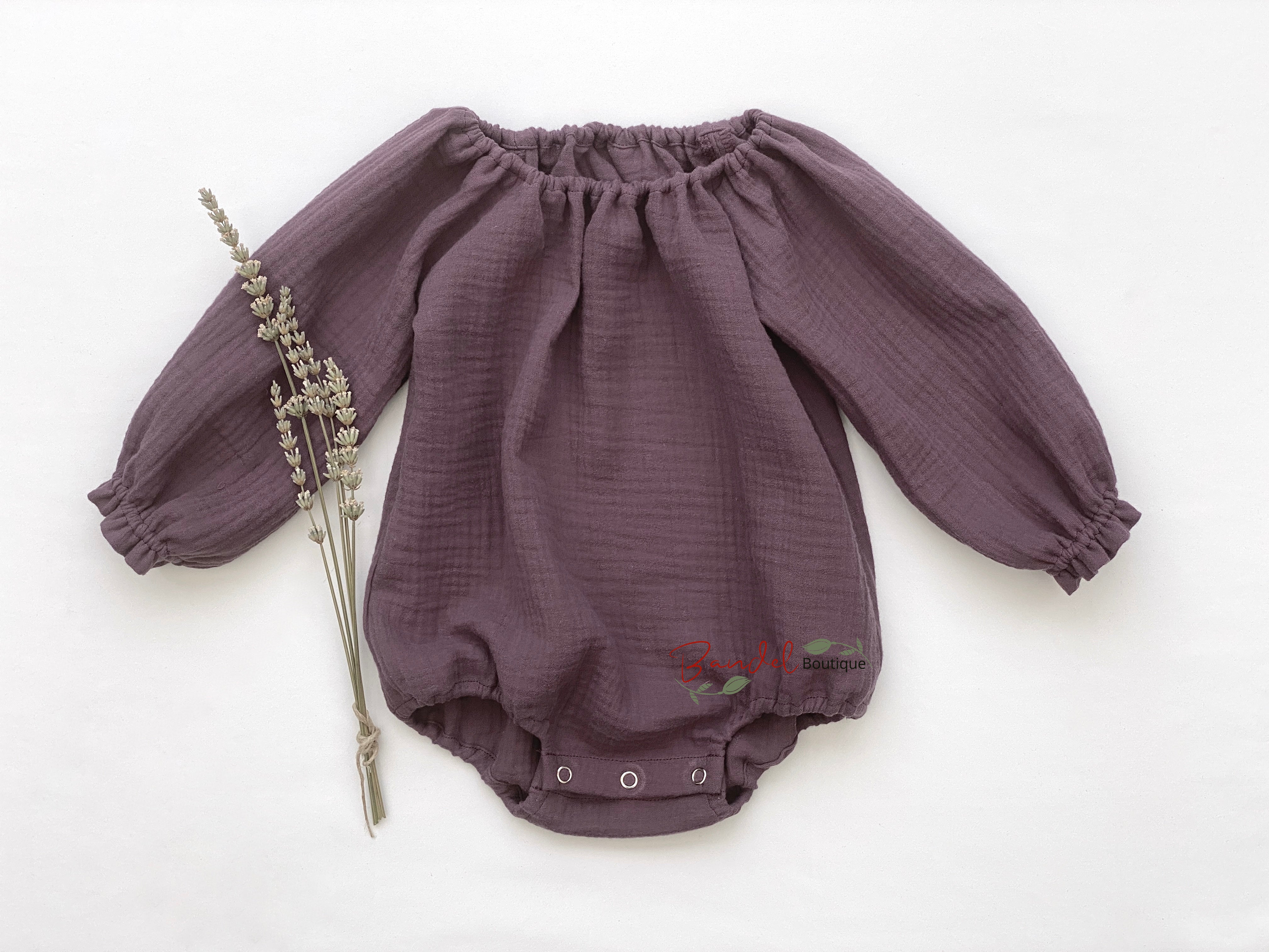 Double Gauze Mauve Long Sleeve Romper Newborn Minimalist Outfit