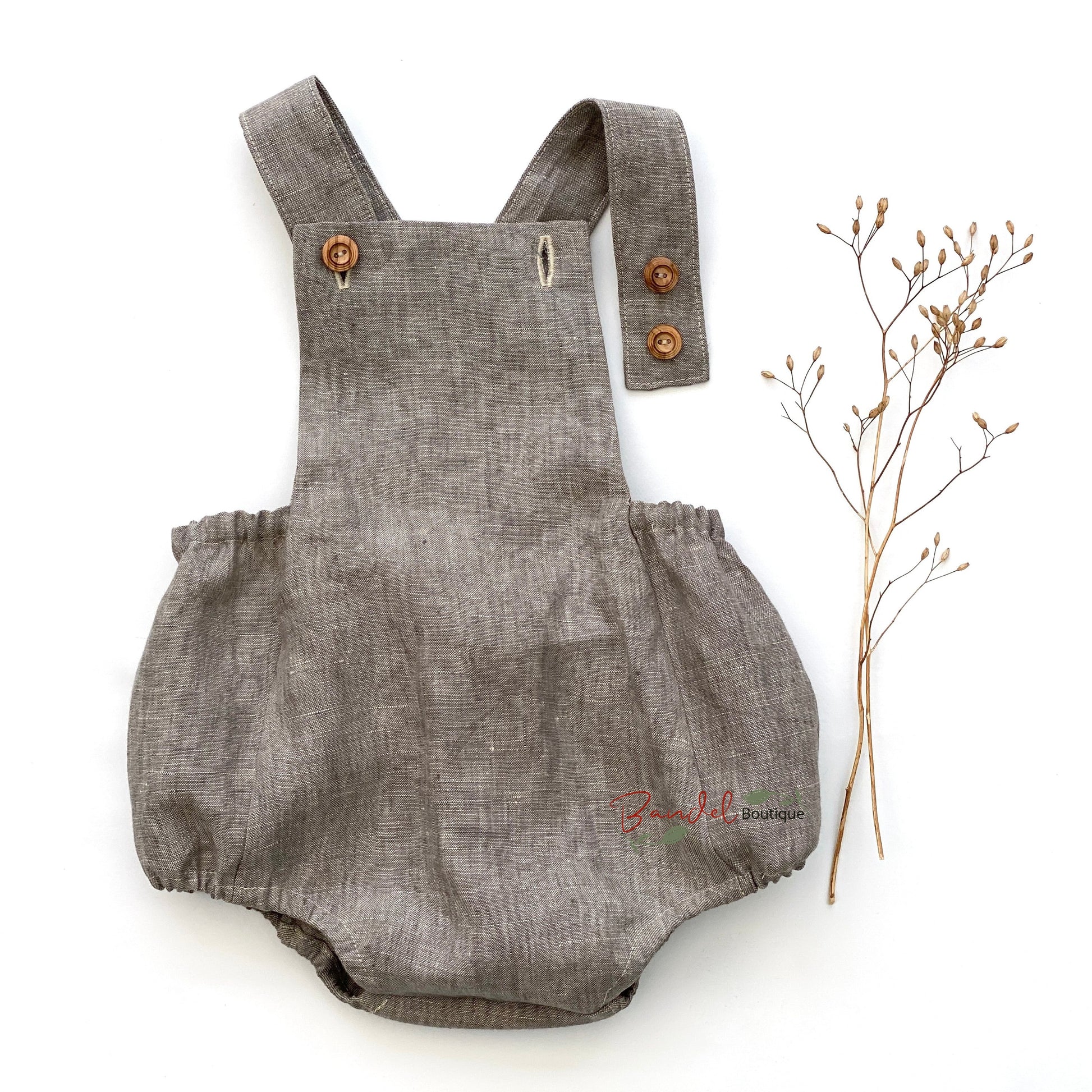 Vintage- Inspired Linen Baby Romper Features Two Straps With Wooden Button Front Closure Sage Green Newborn Outfit