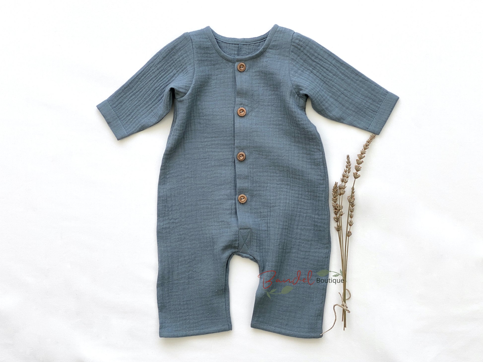 Dusty- blue muslin baby romper 