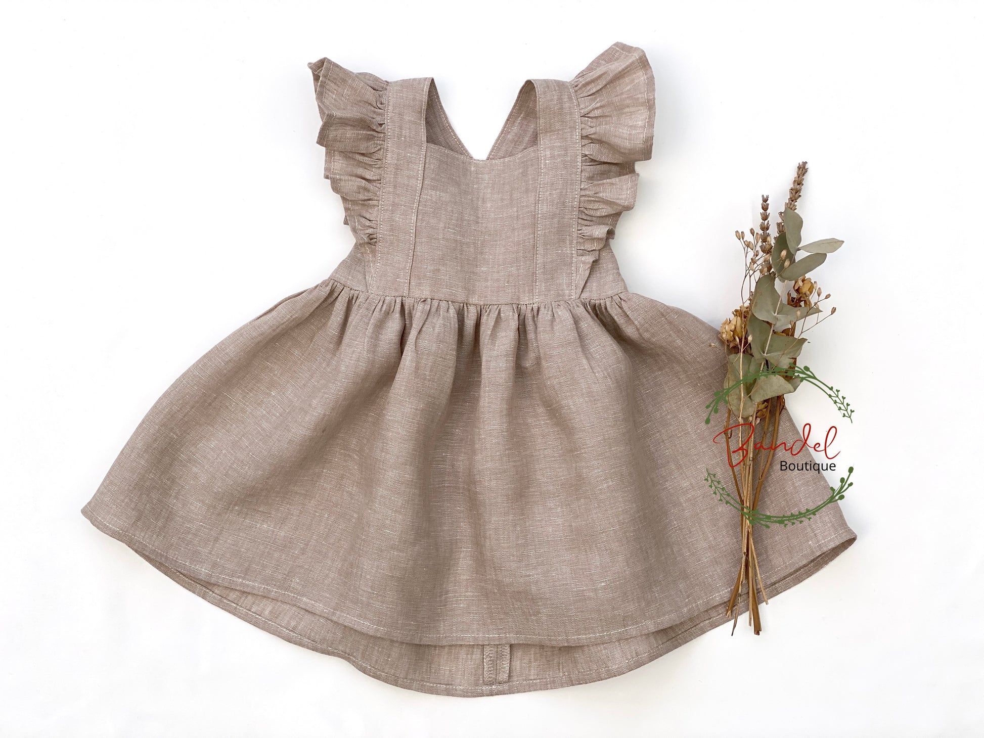 Camel flower girl dress, linen brides maid pinafore toddler dress