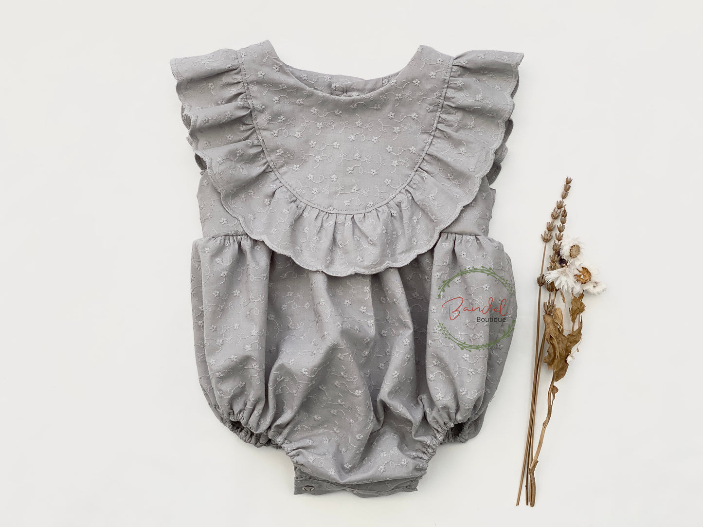 Grey embroidery cotton baby romper ruffles 