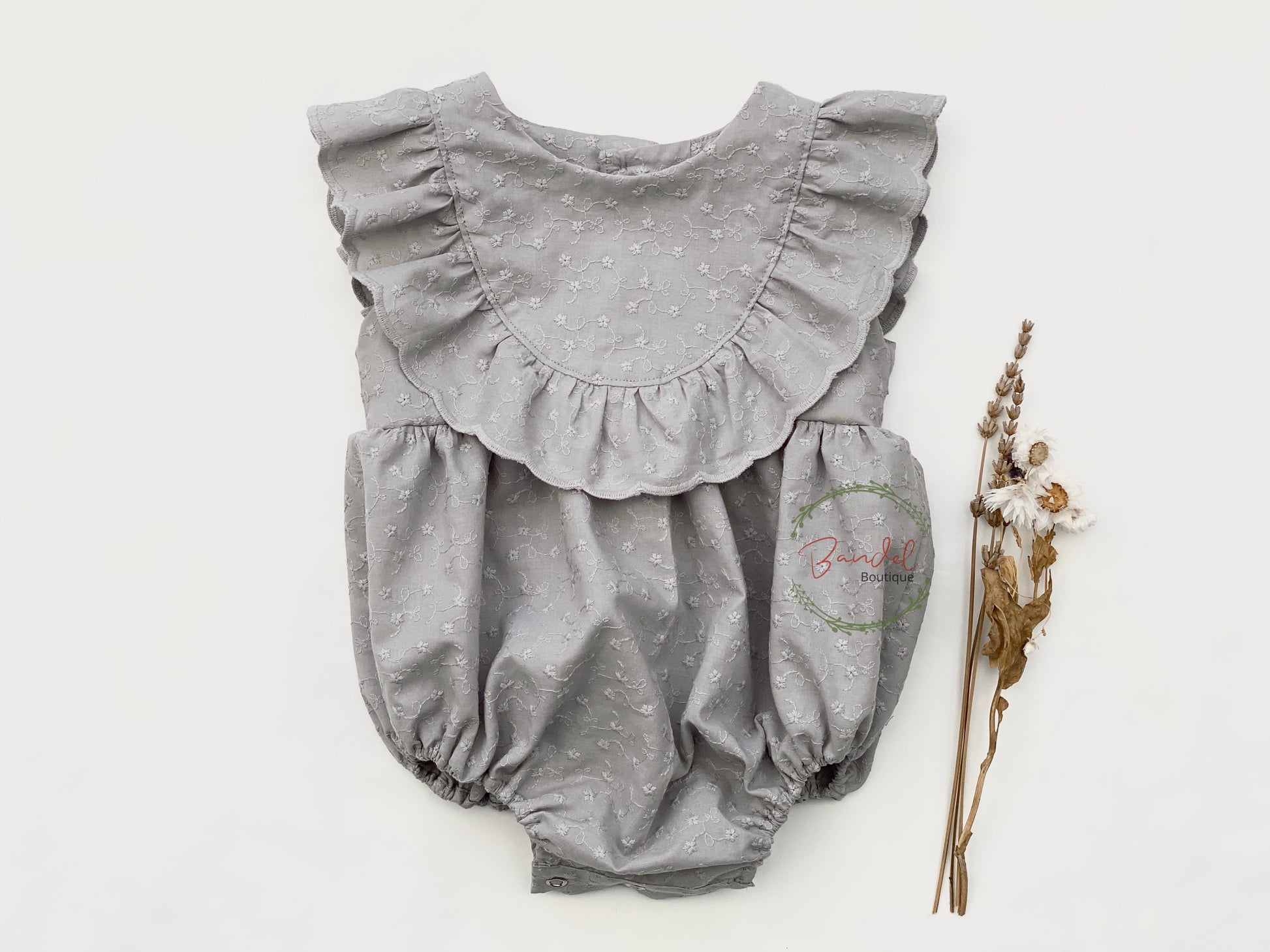 Grey embroidery cotton baby romper ruffles 