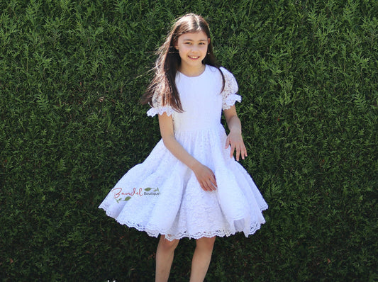 White lace gathered skirt puff sleeve flower girl dress