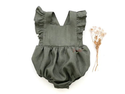 Vintage Inspired Linen Baby Romper Ruffles, adjustable straps, snaps at crotch in beautiful olive- green color 