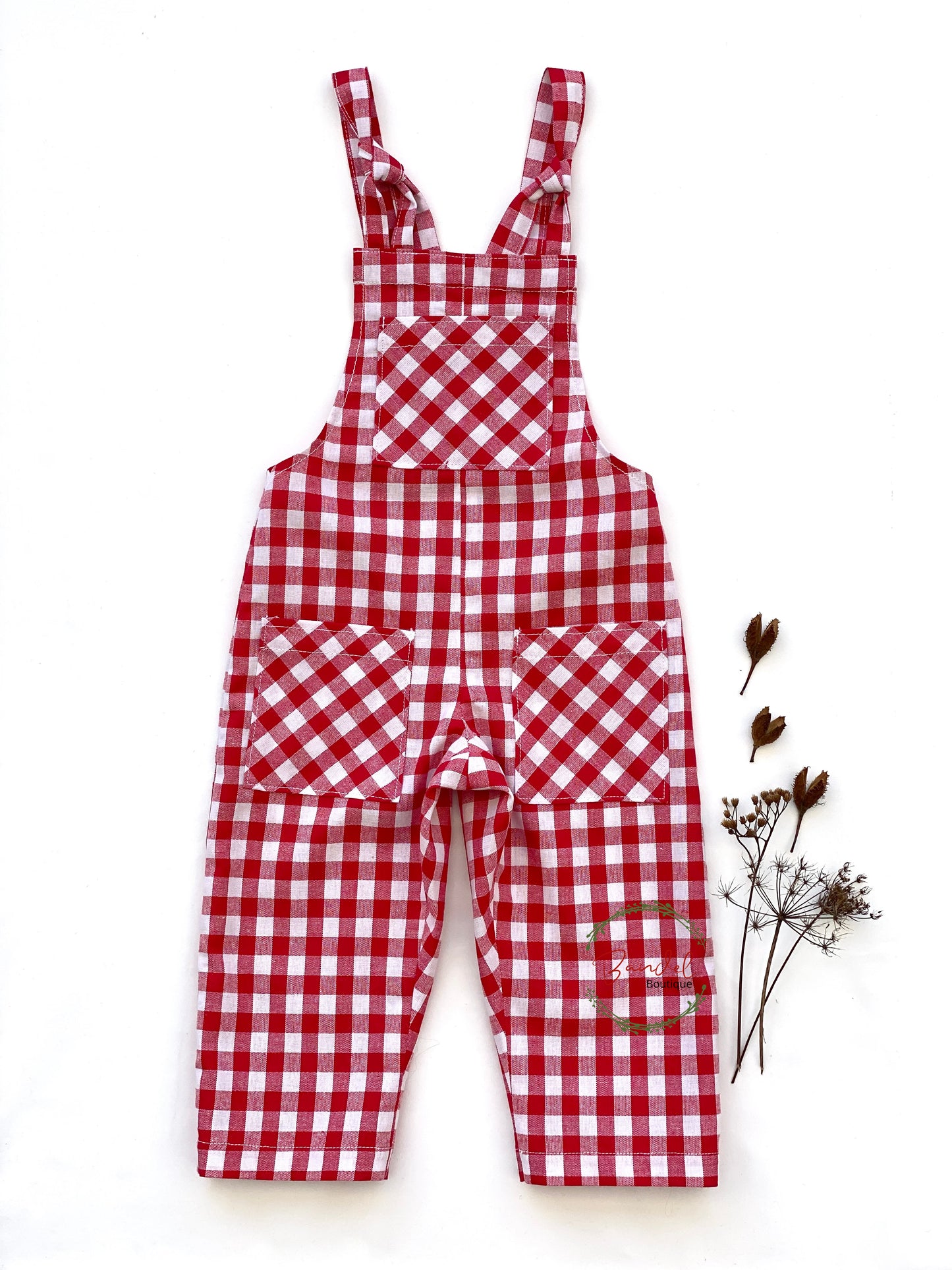 Check Cotton Dungarees- Red