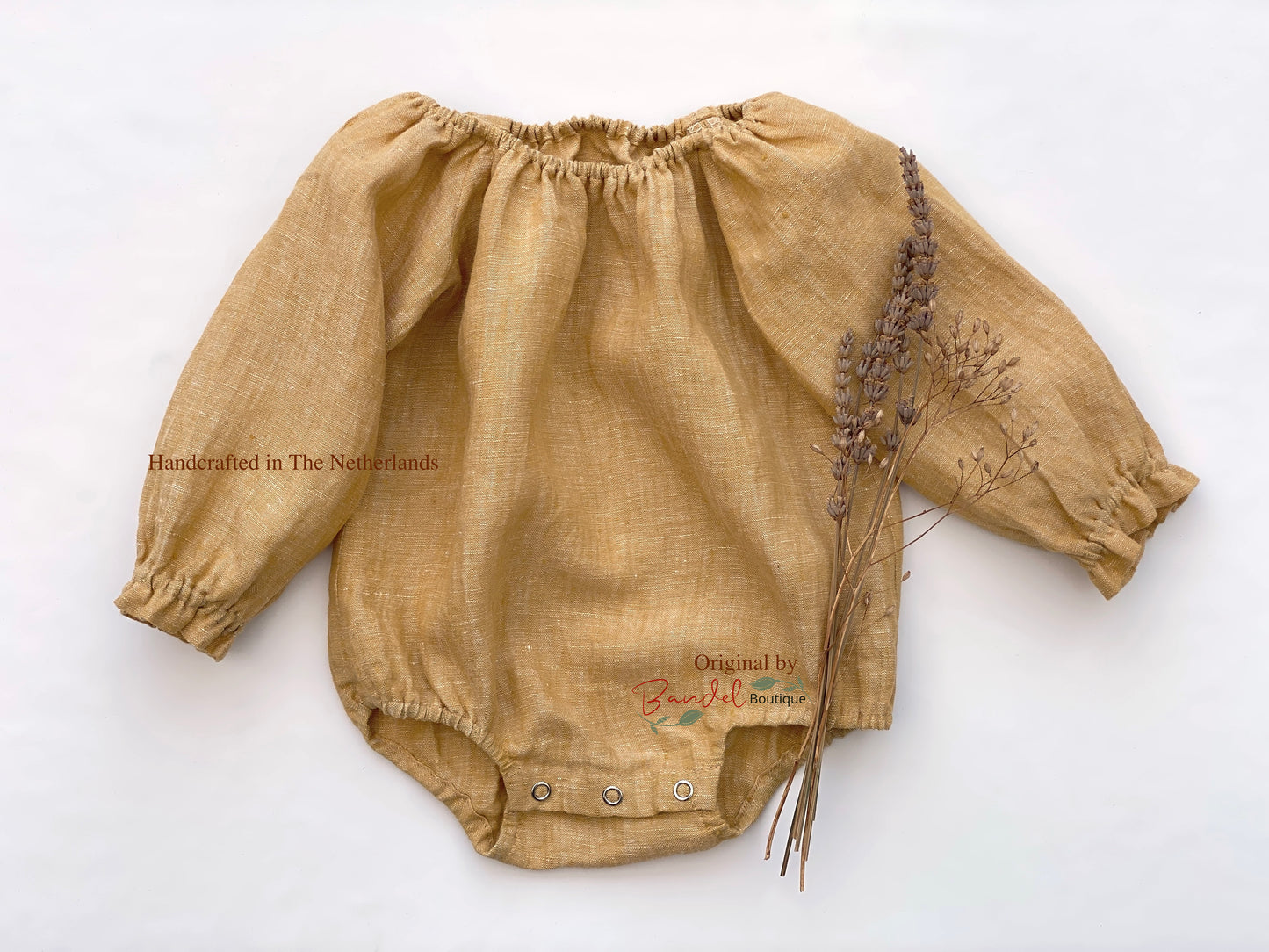 Long- sleeve linen baby romper, Ocher- yellow newborn playsuit