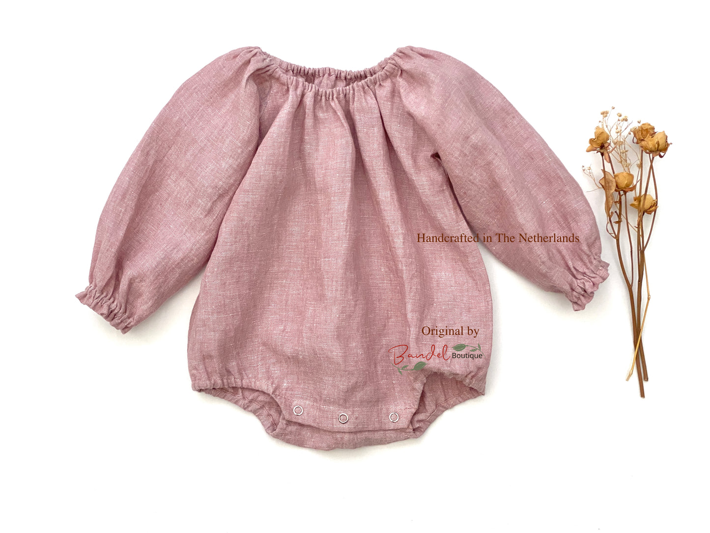 Dusty- rose linen baby romper, Long- sleeve newborn playsuit, Toddler linen bodysuit 