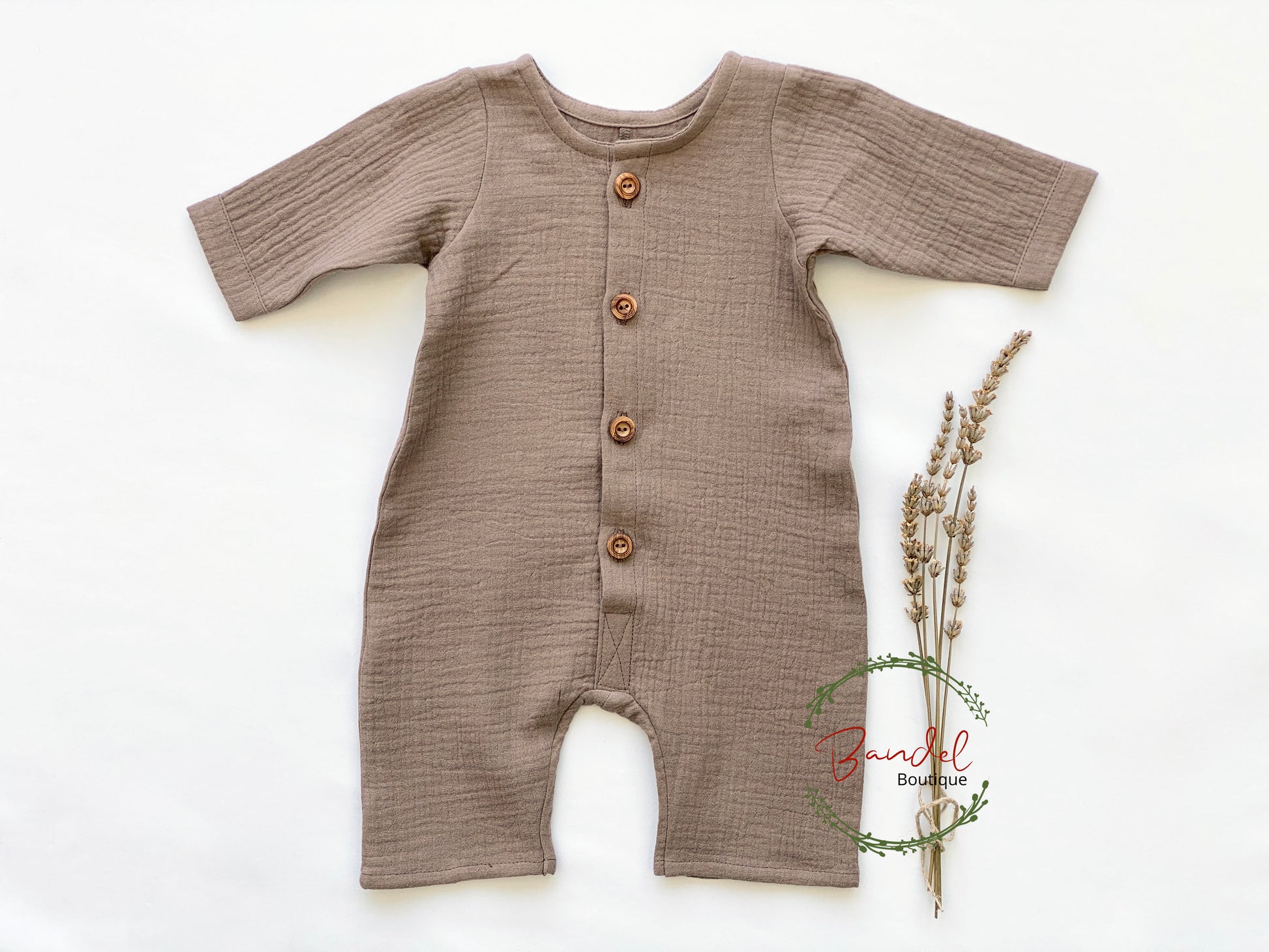 Taupe brown organics muslin baby overalls 