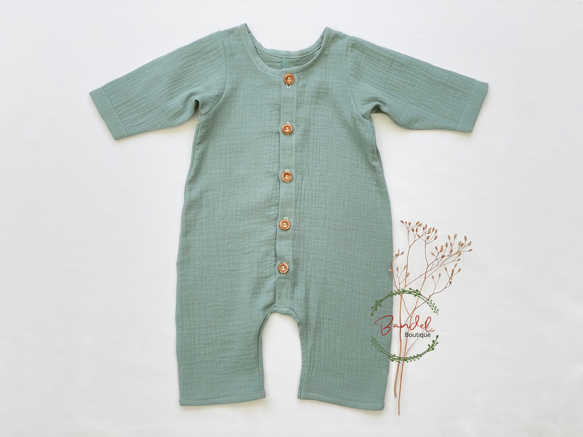 Long sleeves dusty mint organic muslin baby playsuit 