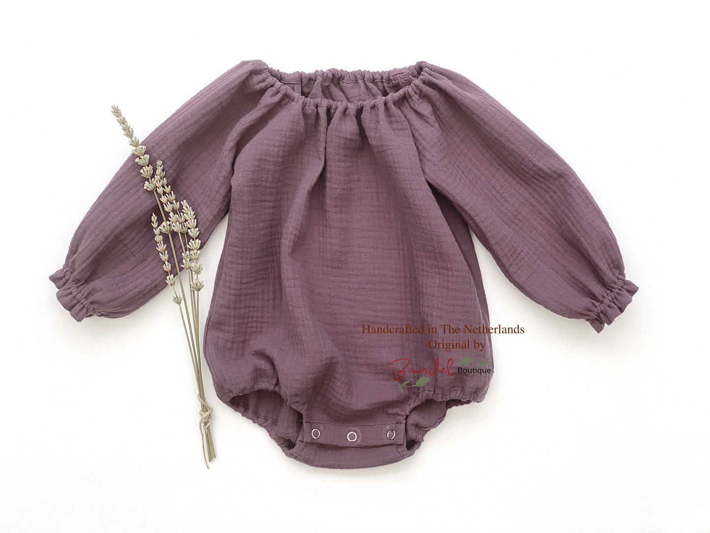 Mauve- purple organic muslin newborn romper