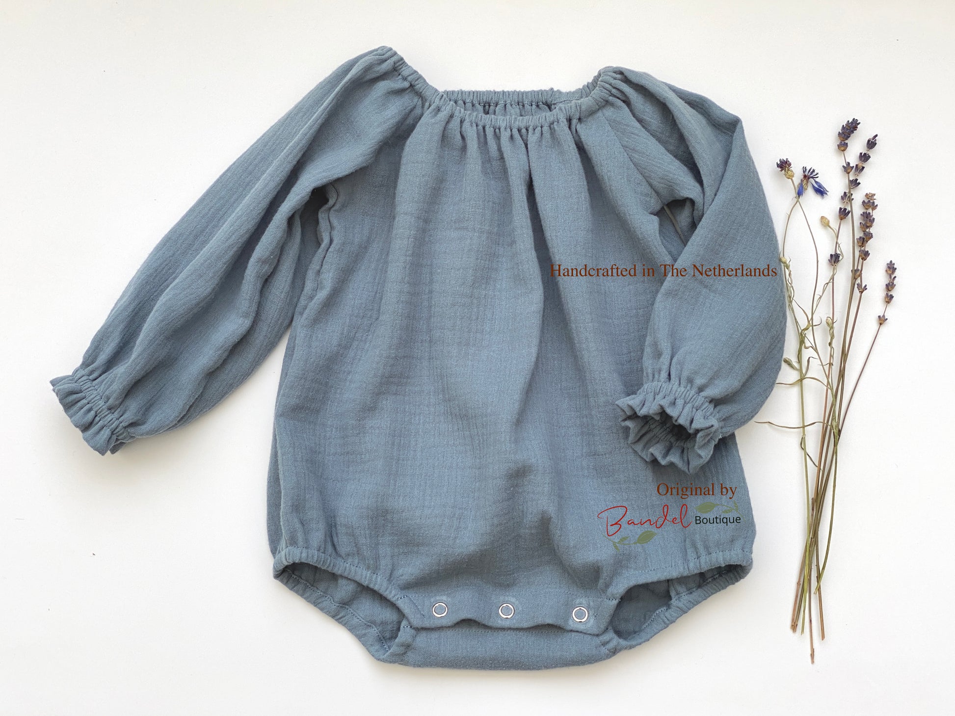 Dusty- blue muslin newborn romper, Long- sleeves baby gauze bodysuit, Toddler blue muslin overalls