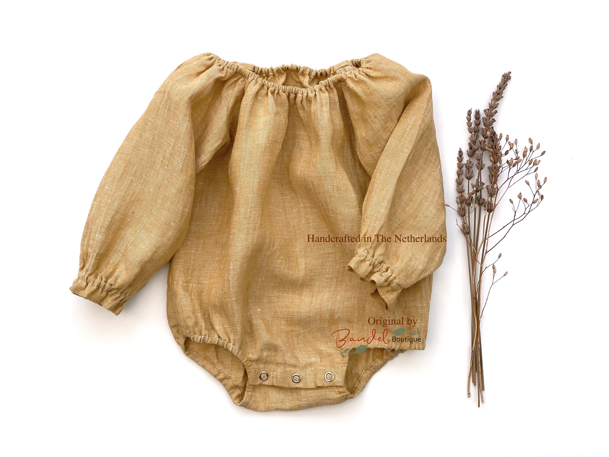 Long- sleeve linen baby romper, Ocher- yellow newborn playsuit