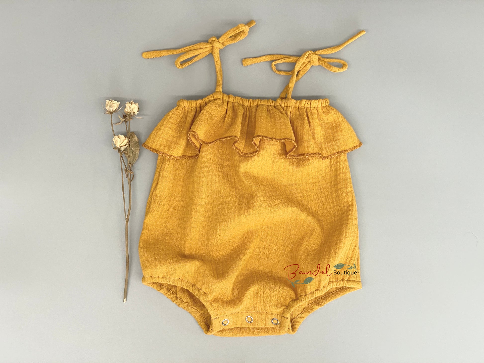 Adjustable tie straps ocher- yellow organic muslin gauze newborn baby playsuit