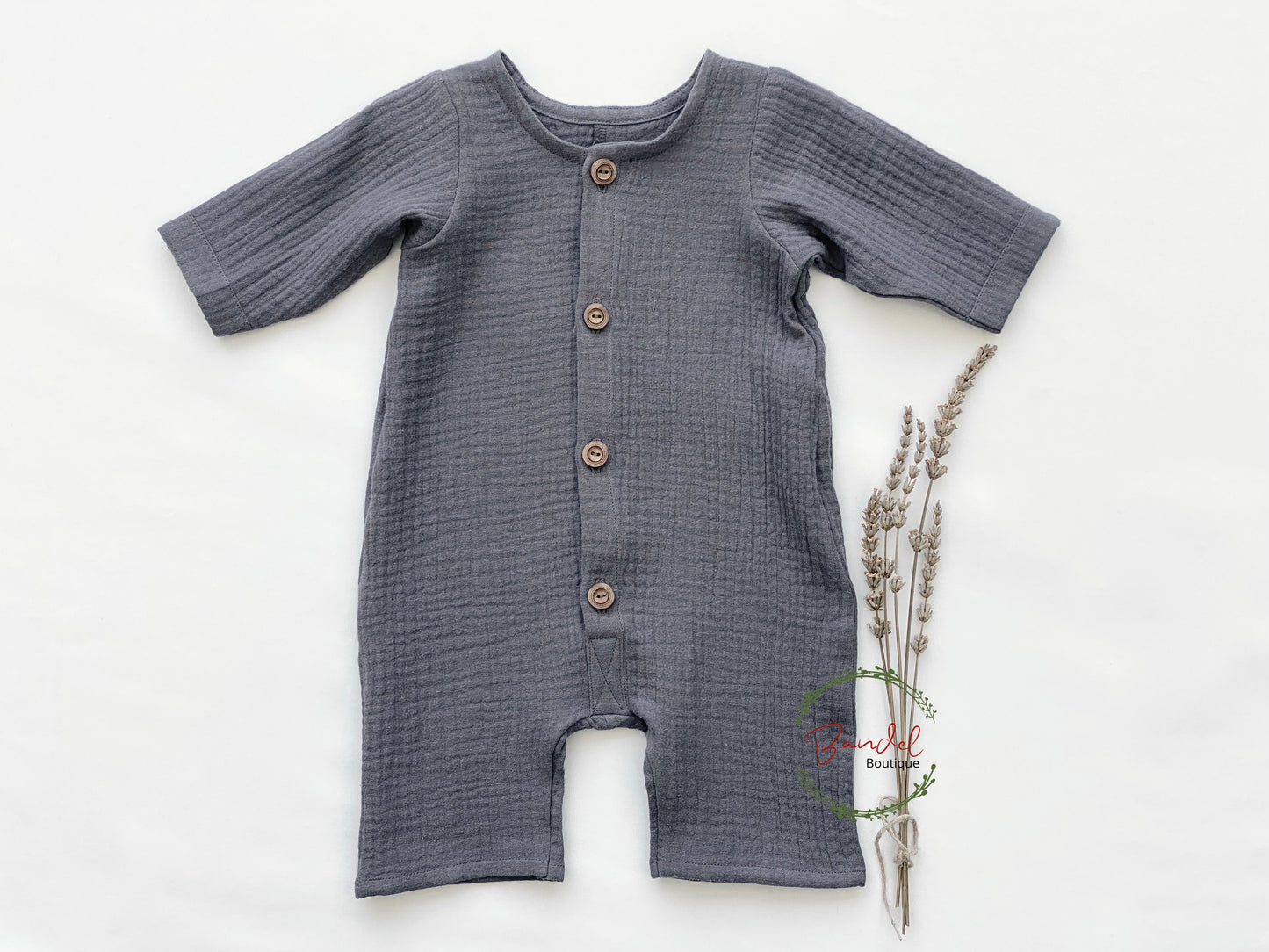 Long sleeve grey organic muslin baby playsuit