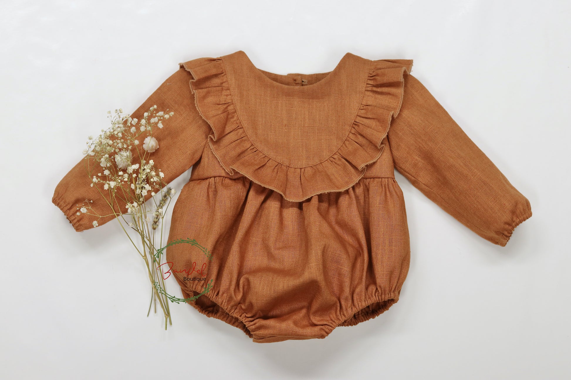 Rust linen flower girl romper 