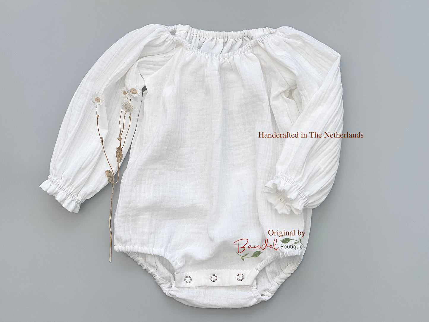 White muslin baby romper, long- sleeve gauze toddler playsuit, white newborn overalls, soft muslin toddler bodysuit. 