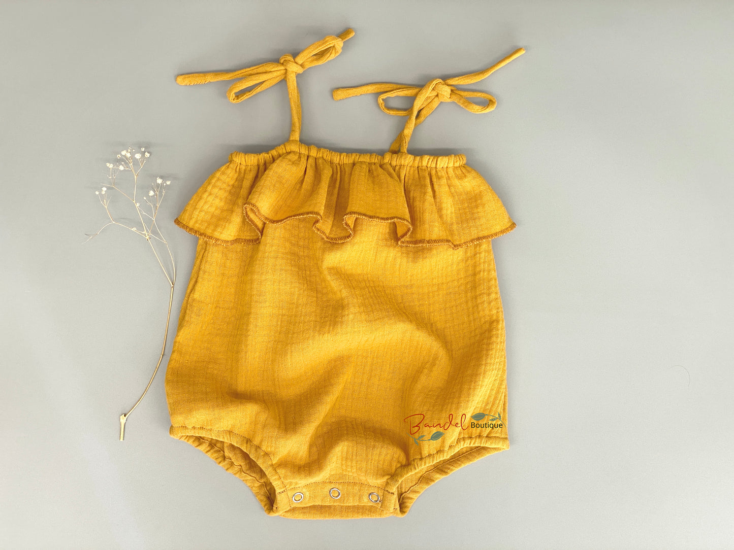 Adjustable tie straps ocher- yellow organic muslin gauze newborn baby playsuit