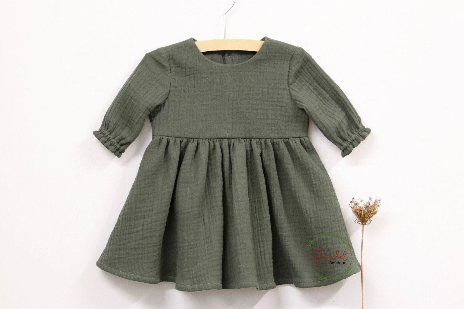 Organic muslin girl dress, olive green  toddler dress