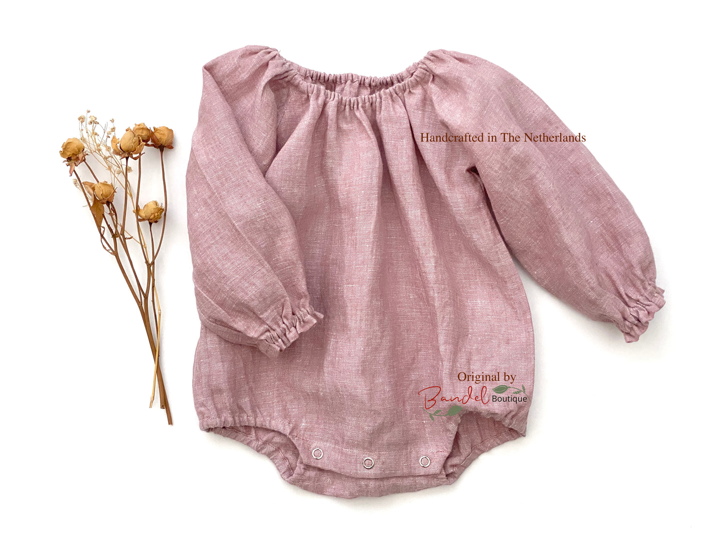 old pink linen baby playsuit, Newborn bodysuit, Long- sleeve toddler romper